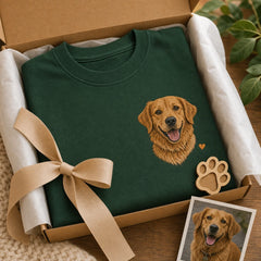 Custom Pet Adoption Day Portrait Embroidered T-Shirt - Personalized Gotcha Day Gift gift display image with custom left chest embroidery based on newly adopted dog photo