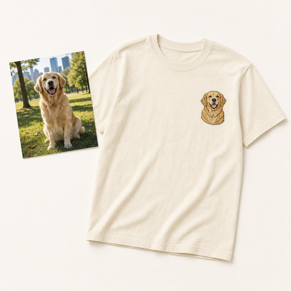 Custom pet portrait embroidered T-shirt showing source dog photo and matching left chest embroidery