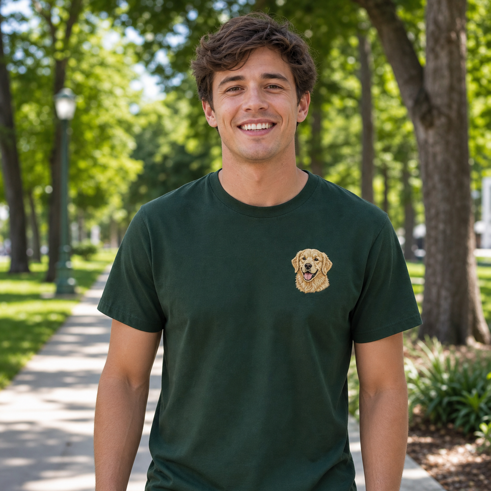 Custom pet portrait embroidered T-shirt worn from the front with left chest dog embroidery