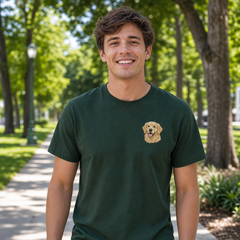 Custom pet portrait embroidered T-shirt worn from the front with left chest dog embroidery