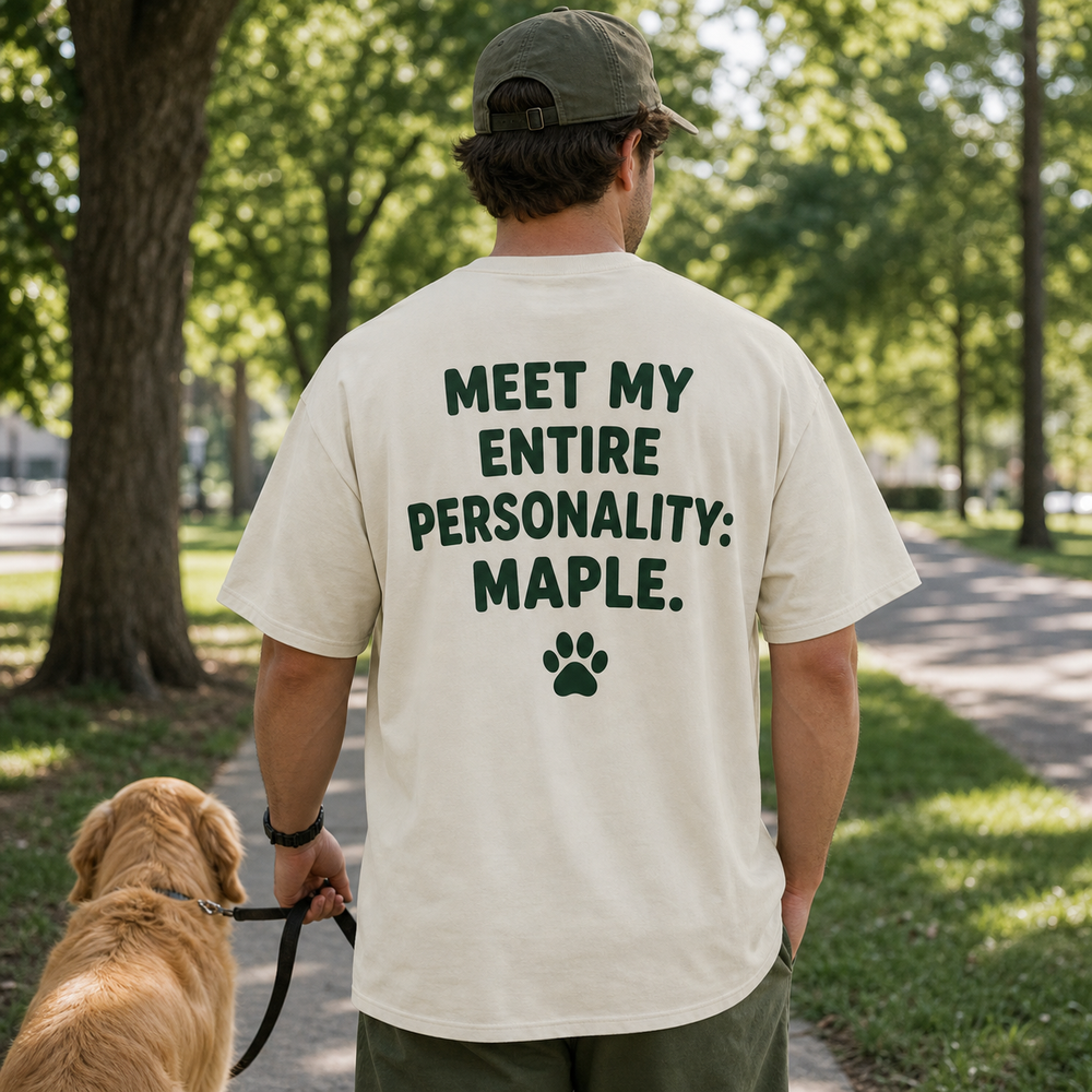 Custom pet portrait T-shirt worn from the back with a personalized pet phrase print