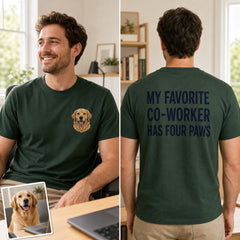 Custom Dog Photo Embroidered T-Shirt with Funny Back Print - Dog Dad Gift front and back product overview image showing embroidery and custom printed phrase with custom left chest embroidery based on clear happy dog portrait photo