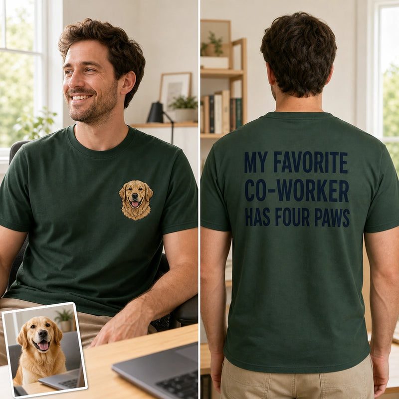 Custom Dog Photo Embroidered T-Shirt with Funny Back Print - Dog Dad Gift front and back product overview image showing embroidery and custom printed phrase with custom left chest embroidery based on clear happy dog portrait photo