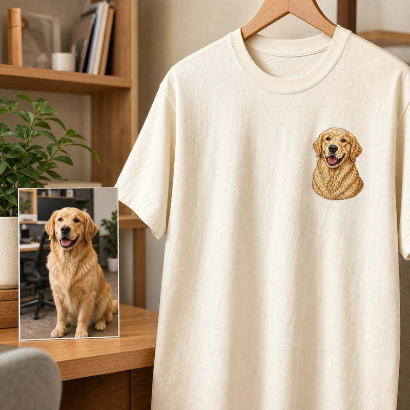 Custom Dog Photo Embroidered T-Shirt with Funny Back Print - Dog Dad Gift source photo and front embroidery product image with custom left chest embroidery based on clear happy dog portrait photo