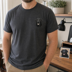 Custom Dog Photo Embroidered T-Shirt with Funny Back Print - Dog Dad Gift front worn product image with left chest embroidery with custom left chest embroidery based on clear happy dog portrait photo