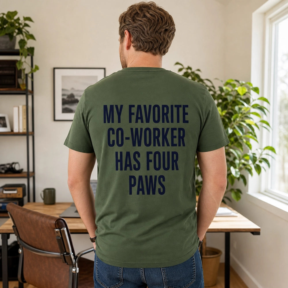 Custom Dog Photo Embroidered T-Shirt with Funny Back Print - Dog Dad Gift back worn product image with custom printed phrase with custom left chest embroidery based on clear happy dog portrait photo