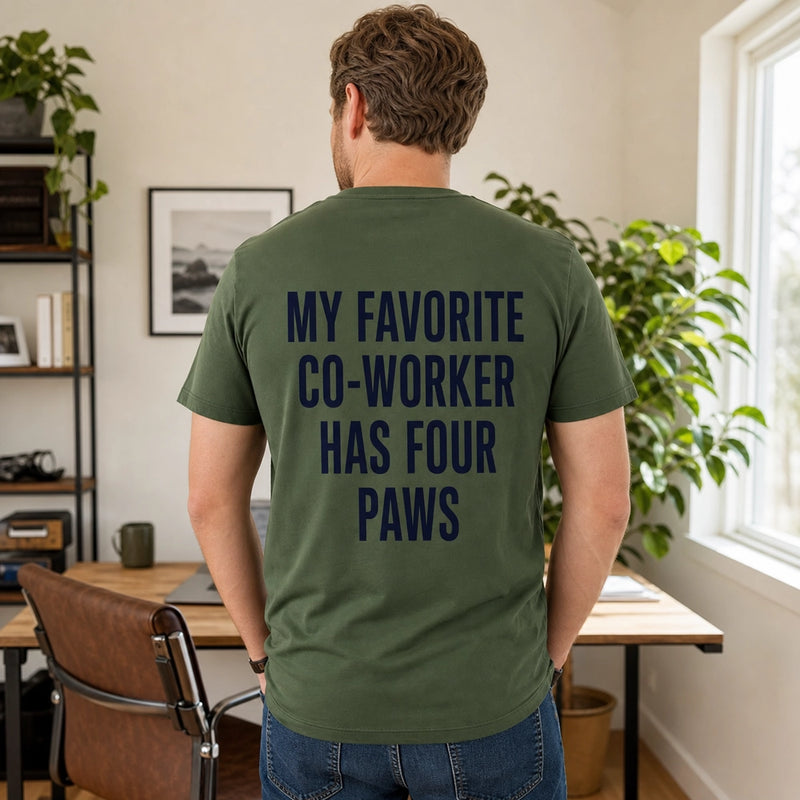 Custom Dog Photo Embroidered T-Shirt with Funny Back Print - Dog Dad Gift back worn product image with custom printed phrase with custom left chest embroidery based on clear happy dog portrait photo