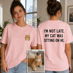 Custom Cat Photo Embroidered T-Shirt with Funny Back Print - Cat Mom Gift front and back product overview image showing embroidery and custom printed phrase with custom left chest embroidery based on clear cozy cat portrait photo