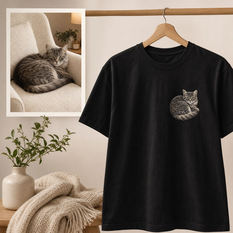 Custom Cat Photo Embroidered T-Shirt with Funny Back Print - Cat Mom Gift source photo and front embroidery product image with custom left chest embroidery based on clear cozy cat portrait photo