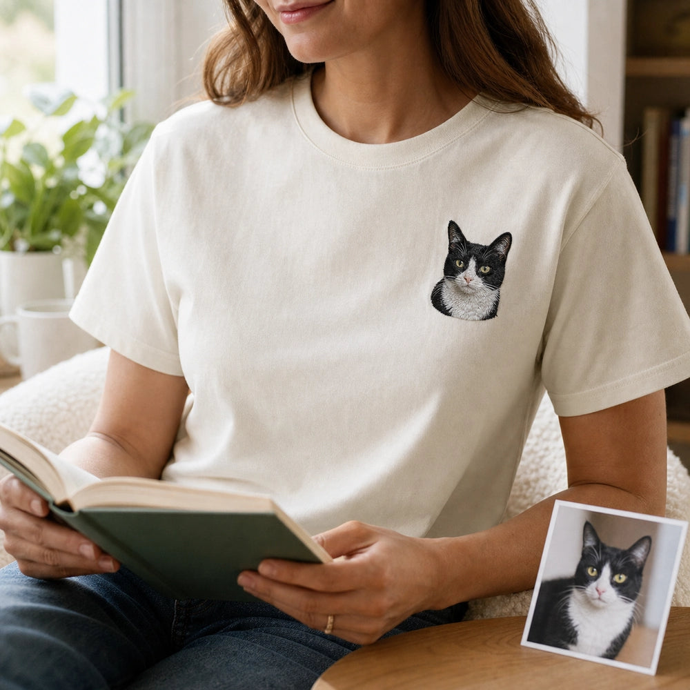 Custom Cat Photo Embroidered T-Shirt with Funny Back Print - Cat Mom Gift front worn product image with left chest embroidery with custom left chest embroidery based on clear cozy cat portrait photo
