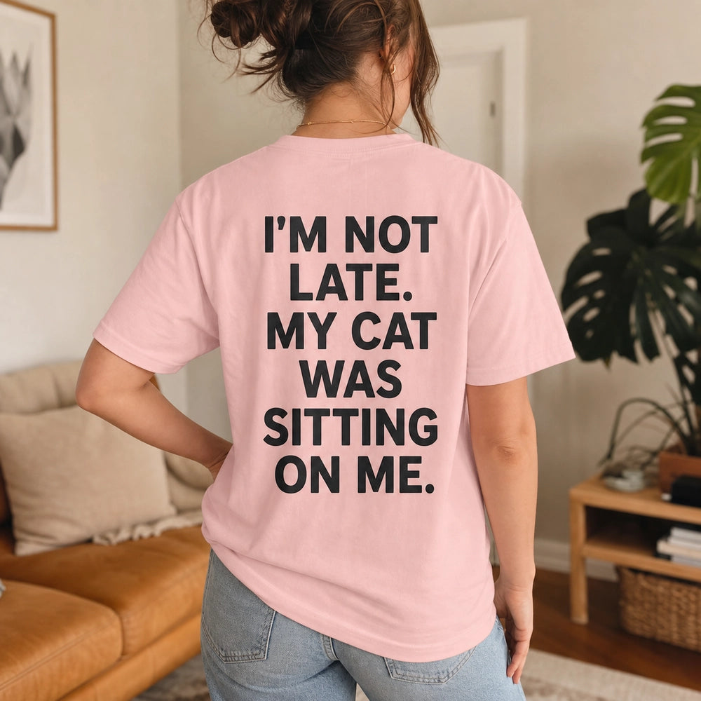 Custom Cat Photo Embroidered T-Shirt with Funny Back Print - Cat Mom Gift back worn product image with custom printed phrase with custom left chest embroidery based on clear cozy cat portrait photo