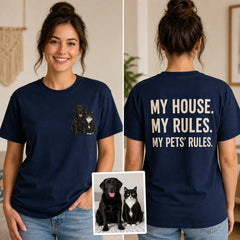 Custom Two Pets Embroidered T-Shirt with Funny Back Print - Pet Lover Gift front and back product overview image showing embroidery and custom printed phrase with custom left chest embroidery based on clear photo of a dog and cat together