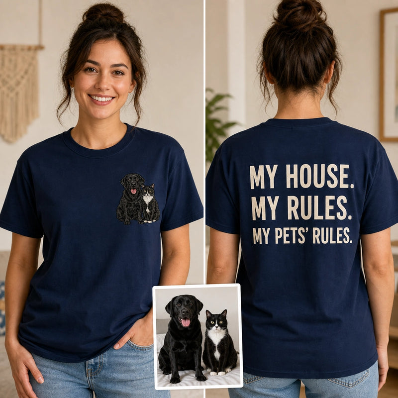 Custom Two Pets Embroidered T-Shirt with Funny Back Print - Pet Lover Gift front and back product overview image showing embroidery and custom printed phrase with custom left chest embroidery based on clear photo of a dog and cat together