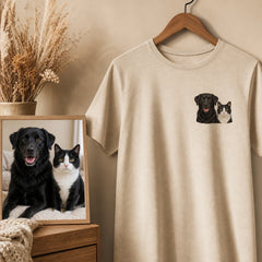 Custom Two Pets Embroidered T-Shirt with Funny Back Print - Pet Lover Gift source photo and front embroidery product image with custom left chest embroidery based on clear photo of a dog and cat together