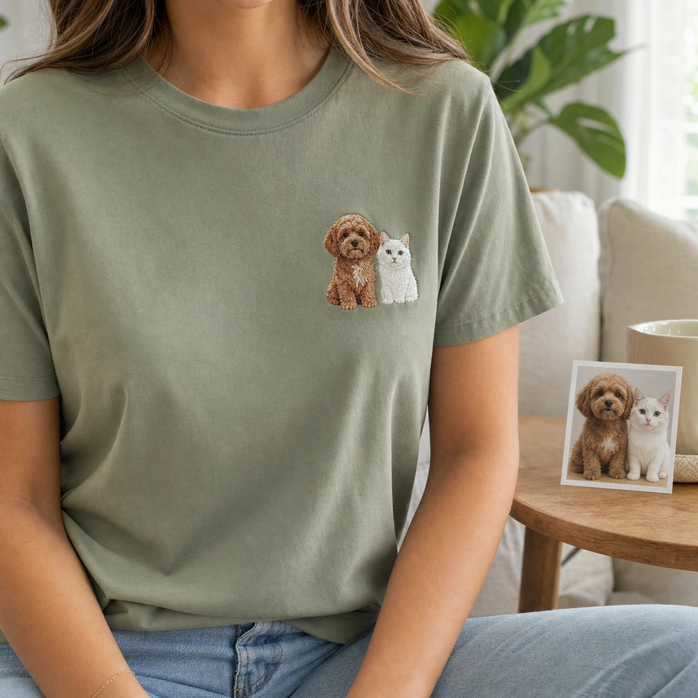 Custom Two Pets Embroidered T-Shirt with Funny Back Print - Pet Lover Gift front worn product image with left chest embroidery with custom left chest embroidery based on clear photo of a dog and cat together