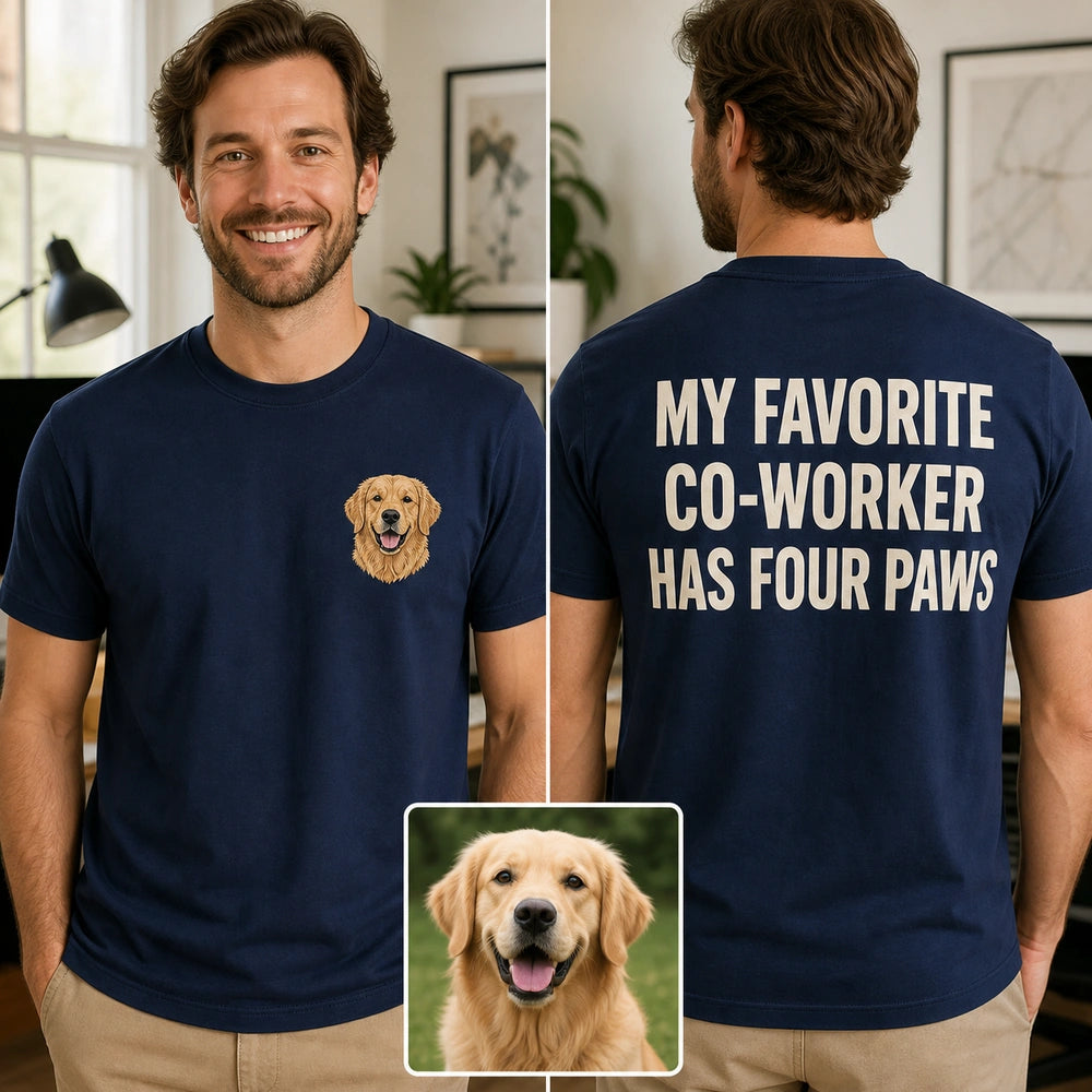 Custom Dog Photo Embroidered T-Shirt with Funny Back Print - Dog Dad Gift front and back product overview image showing embroidery and custom printed phrase with custom left chest embroidery based on clear dog photo with a happy or alert expression