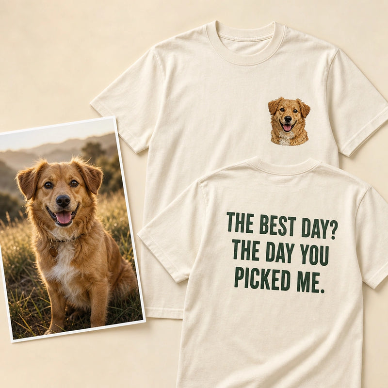 Custom Rescue Dog Portrait Embroidered T-Shirt with Back Print - Gotcha Day Gift front and back product overview image showing embroidery and custom printed phrase with custom left chest embroidery based on clear joyful rescue dog portrait photo