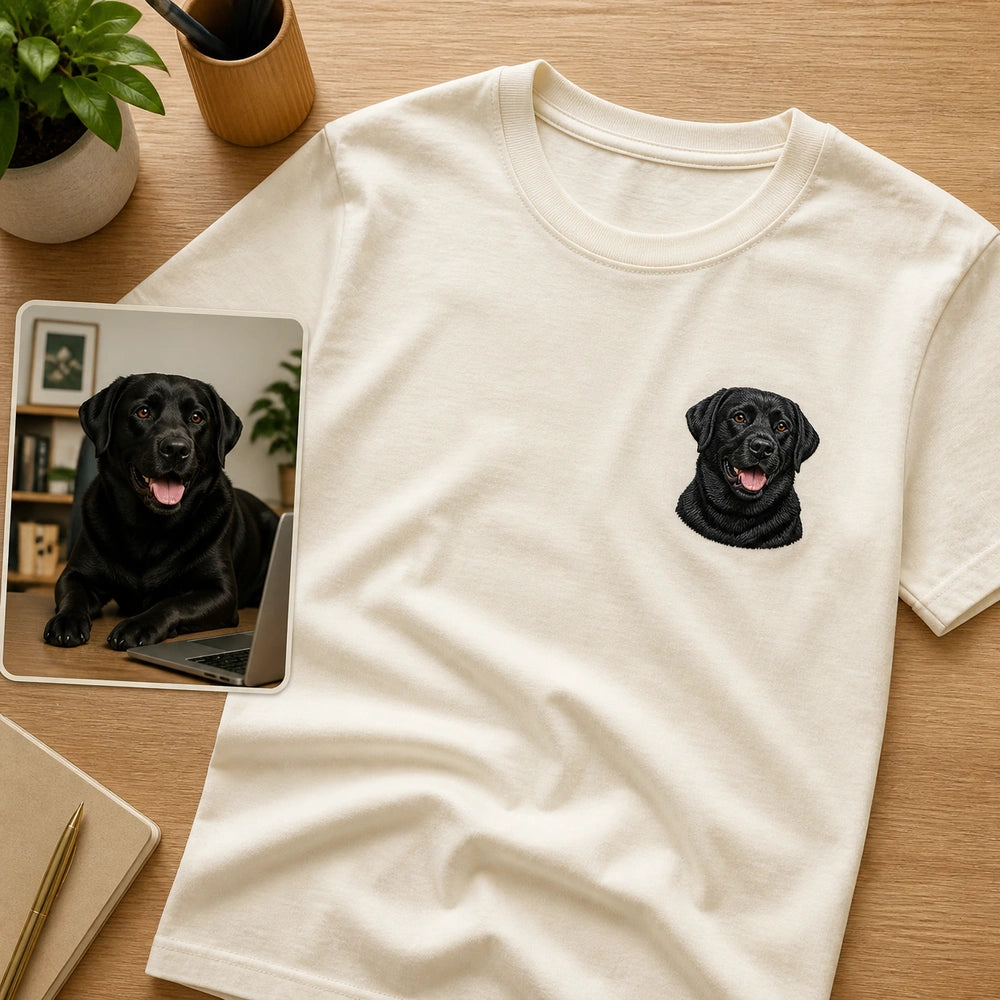 Custom Dog Photo Embroidered T-Shirt with Funny Back Print - Dog Dad Gift source photo and front embroidery product image with custom left chest embroidery based on clear dog photo with a happy or alert expression