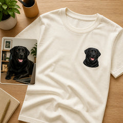 Custom Dog Photo Embroidered T-Shirt with Funny Back Print - Dog Dad Gift source photo and front embroidery product image with custom left chest embroidery based on clear dog photo with a happy or alert expression