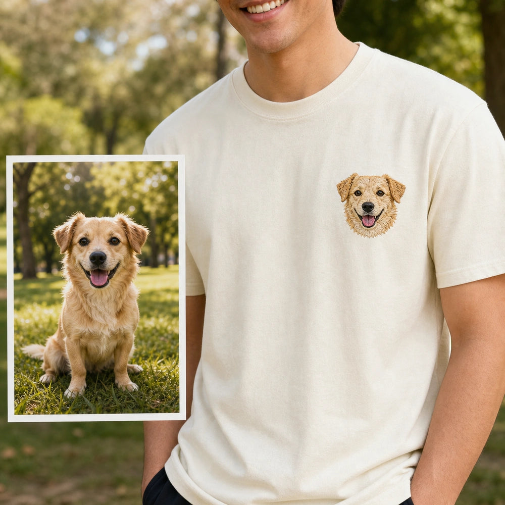 Custom Rescue Dog Portrait Embroidered T-Shirt with Back Print - Gotcha Day Gift source photo and front embroidery product image with custom left chest embroidery based on clear joyful rescue dog portrait photo