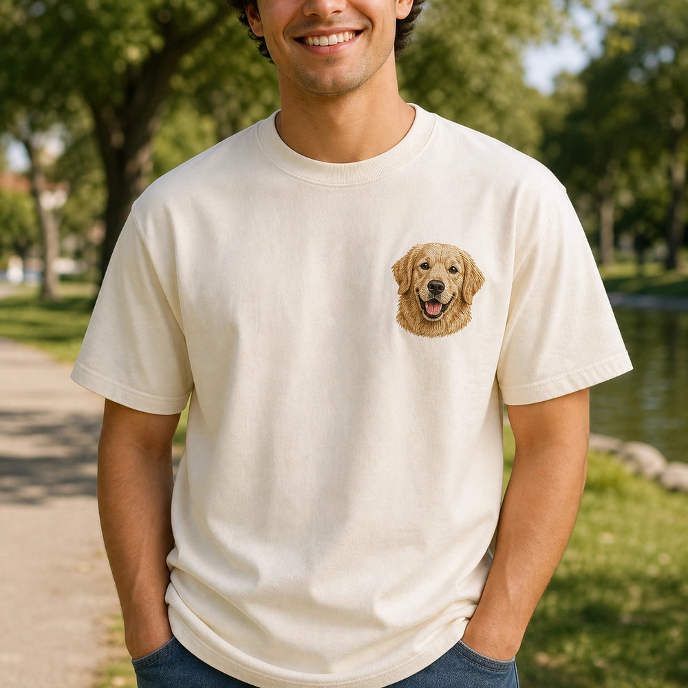 Custom Rescue Dog Portrait Embroidered T-Shirt with Back Print - Gotcha Day Gift front worn product image with left chest embroidery with custom left chest embroidery based on clear joyful rescue dog portrait photo