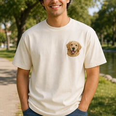 Custom Rescue Dog Portrait Embroidered T-Shirt with Back Print - Gotcha Day Gift front worn product image with left chest embroidery with custom left chest embroidery based on clear joyful rescue dog portrait photo