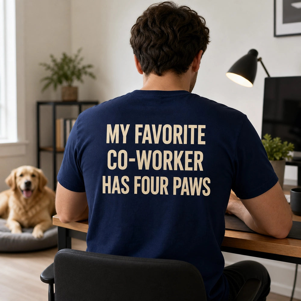 Custom Dog Photo Embroidered T-Shirt with Funny Back Print - Dog Dad Gift back worn product image with custom printed phrase with custom left chest embroidery based on clear dog photo with a happy or alert expression