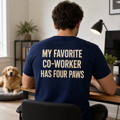 Custom Dog Photo Embroidered T-Shirt with Funny Back Print - Dog Dad Gift back worn product image with custom printed phrase with custom left chest embroidery based on clear dog photo with a happy or alert expression