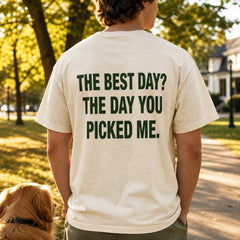 Custom Rescue Dog Portrait Embroidered T-Shirt with Back Print - Gotcha Day Gift back worn product image with custom printed phrase with custom left chest embroidery based on clear joyful rescue dog portrait photo