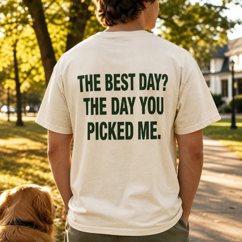 Custom Rescue Dog Portrait Embroidered T-Shirt with Back Print - Gotcha Day Gift back worn product image with custom printed phrase with custom left chest embroidery based on clear joyful rescue dog portrait photo
