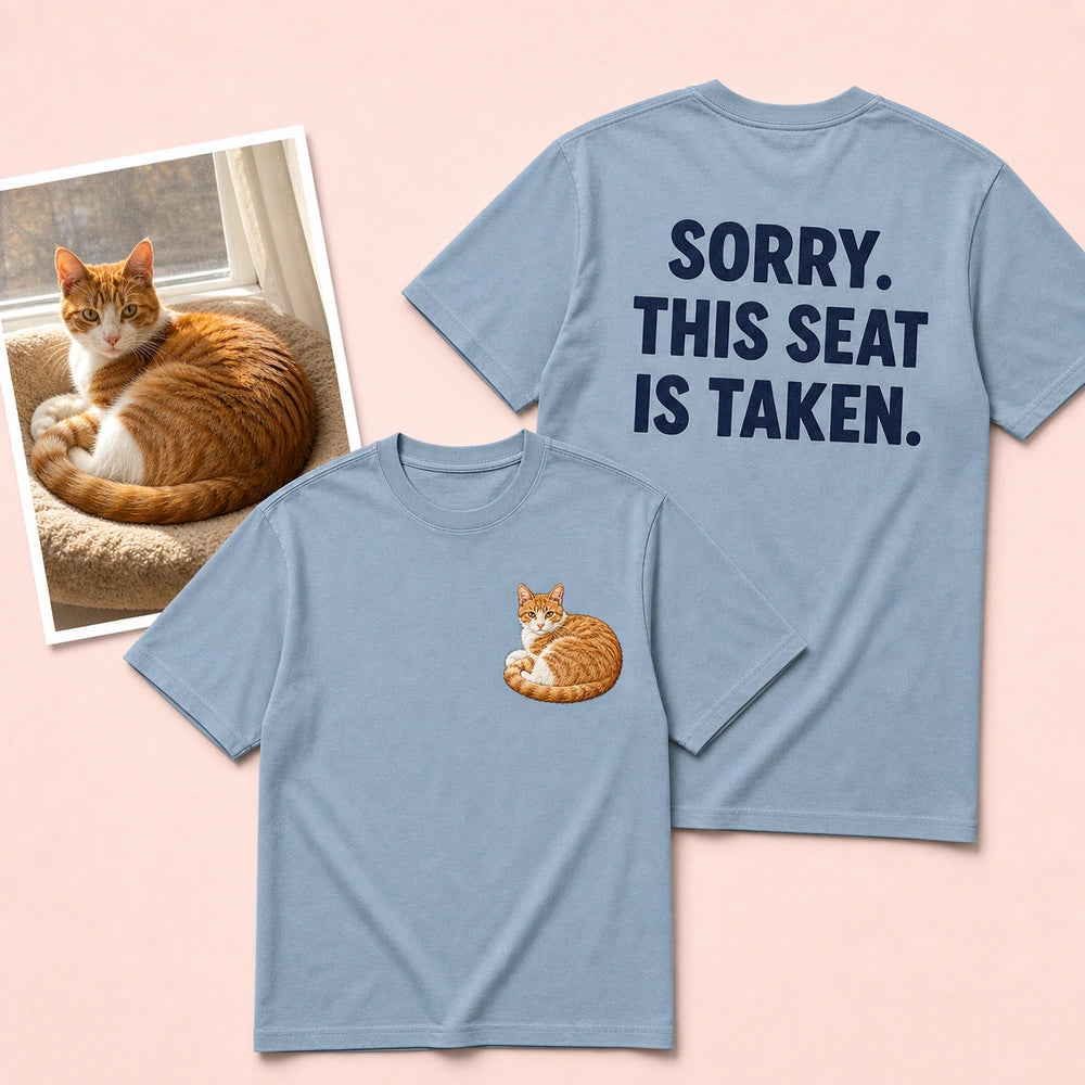 Custom Cat Nap Portrait Embroidered T-Shirt with Back Print - Cat Lover Gift front and back product overview image showing embroidery and custom printed phrase with custom left chest embroidery based on clear cozy cat loaf or sleeping cat portrait photo