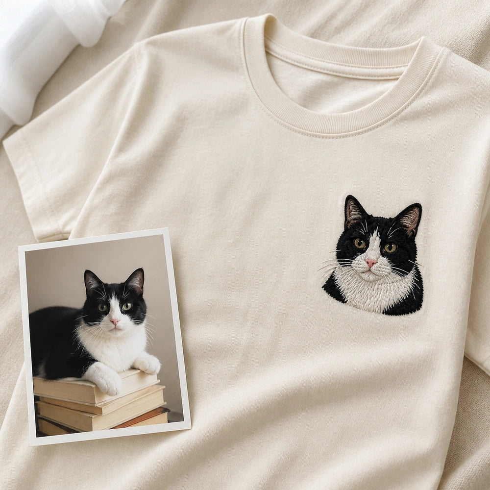 Custom Cat Photo Embroidered T-Shirt with Funny Back Print - Cat Mom Gift source photo and front embroidery product image with custom left chest embroidery based on clear cat photo in a relaxed or curious pose