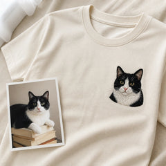 Custom Cat Photo Embroidered T-Shirt with Funny Back Print - Cat Mom Gift source photo and front embroidery product image with custom left chest embroidery based on clear cat photo in a relaxed or curious pose