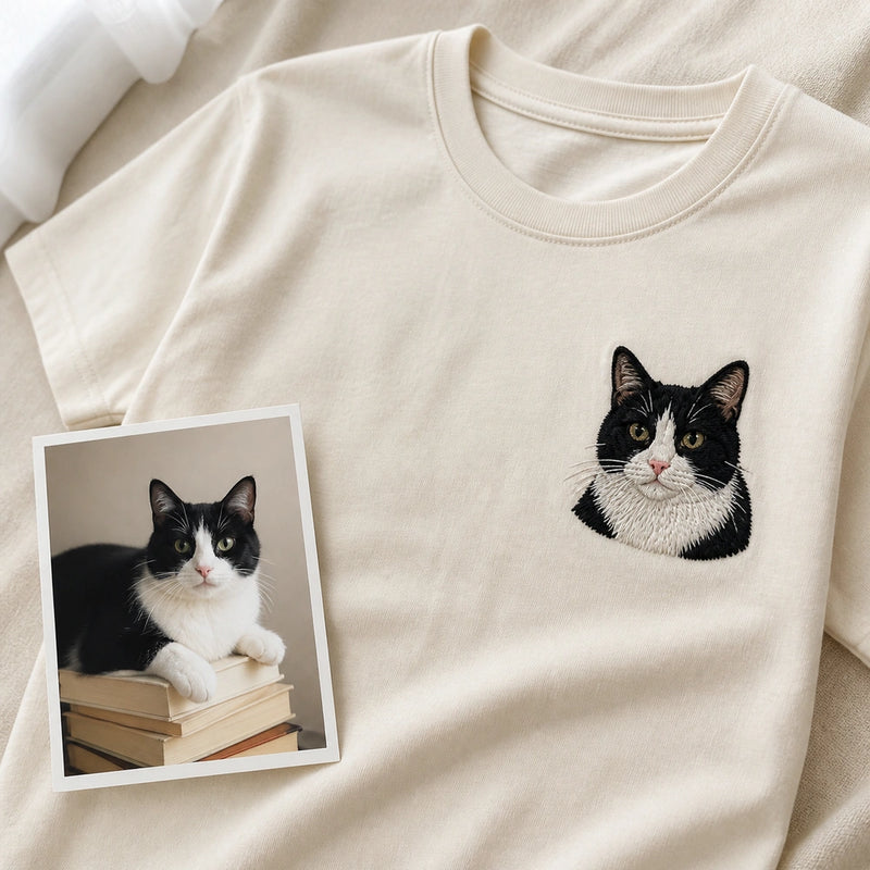 Custom Cat Photo Embroidered T-Shirt with Funny Back Print - Cat Mom Gift source photo and front embroidery product image with custom left chest embroidery based on clear cat photo in a relaxed or curious pose