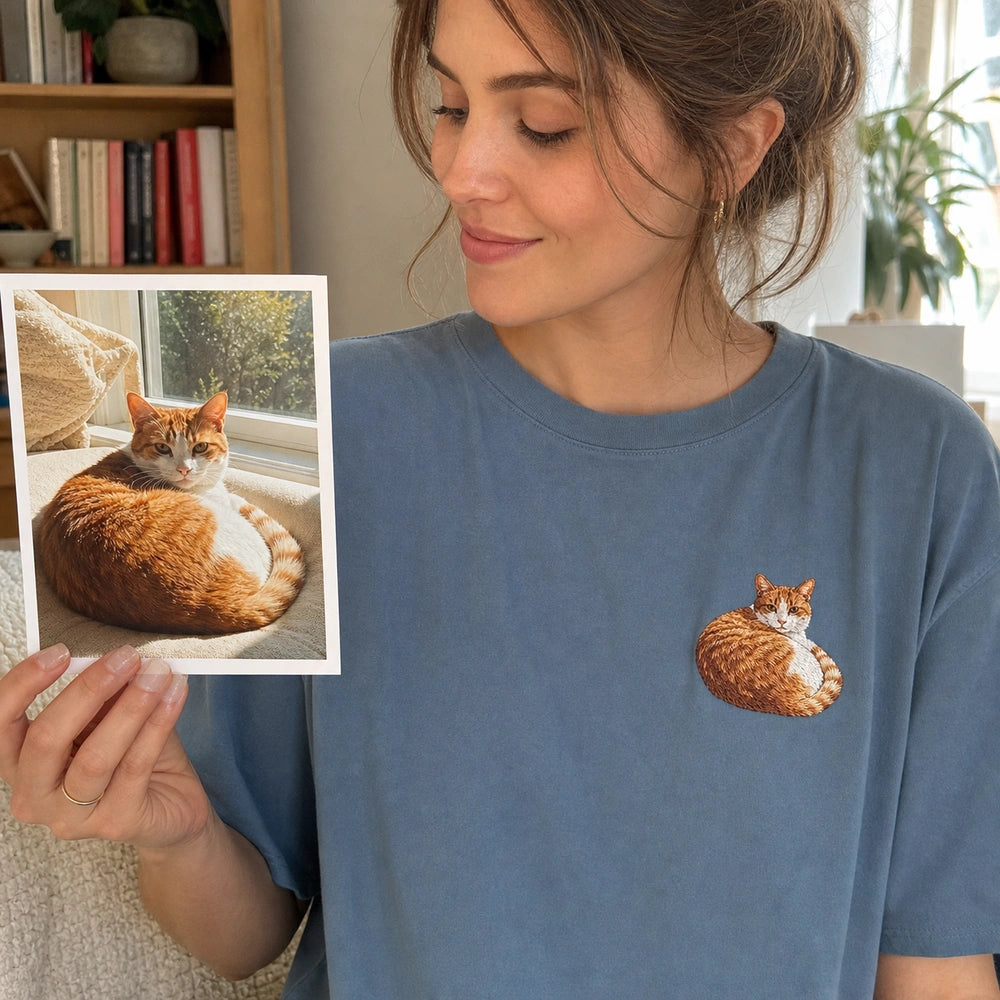 Custom Cat Nap Portrait Embroidered T-Shirt with Back Print - Cat Lover Gift source photo and front embroidery product image with custom left chest embroidery based on clear cozy cat loaf or sleeping cat portrait photo