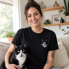 Custom Cat Photo Embroidered T-Shirt with Funny Back Print - Cat Mom Gift front worn product image with left chest embroidery with custom left chest embroidery based on clear cat photo in a relaxed or curious pose