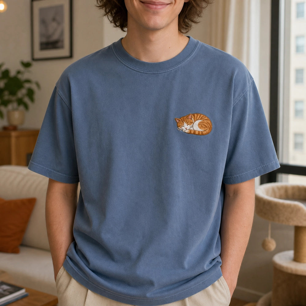 Custom Cat Nap Portrait Embroidered T-Shirt with Back Print - Cat Lover Gift front worn product image with left chest embroidery with custom left chest embroidery based on clear cozy cat loaf or sleeping cat portrait photo