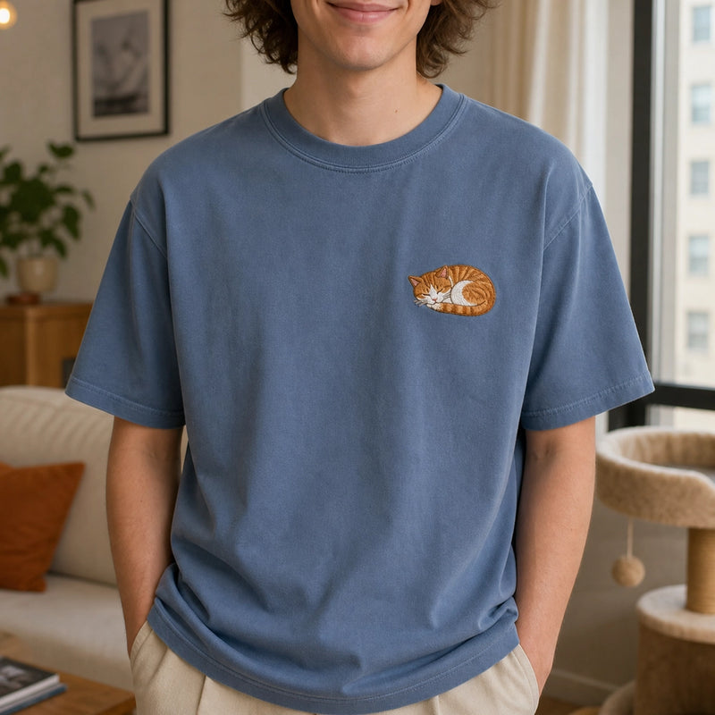 Custom Cat Nap Portrait Embroidered T-Shirt with Back Print - Cat Lover Gift front worn product image with left chest embroidery with custom left chest embroidery based on clear cozy cat loaf or sleeping cat portrait photo