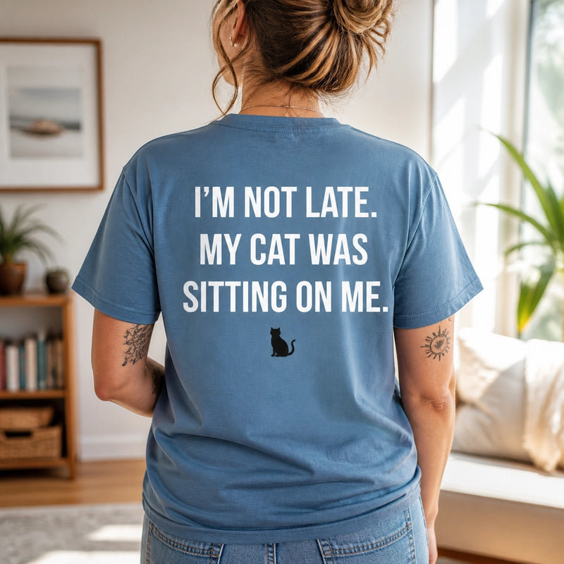Custom Cat Photo Embroidered T-Shirt with Funny Back Print - Cat Mom Gift back worn product image with custom printed phrase with custom left chest embroidery based on clear cat photo in a relaxed or curious pose
