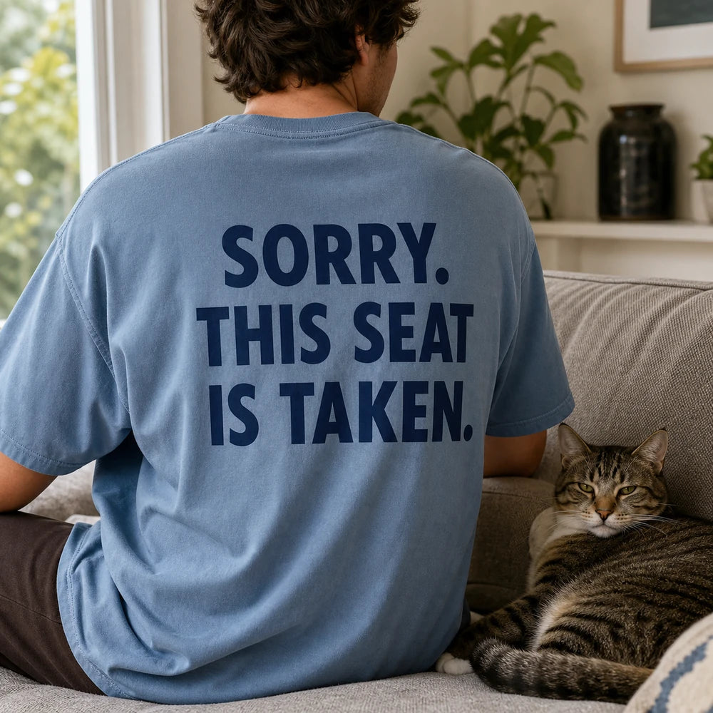 Custom Cat Nap Portrait Embroidered T-Shirt with Back Print - Cat Lover Gift back worn product image with custom printed phrase with custom left chest embroidery based on clear cozy cat loaf or sleeping cat portrait photo