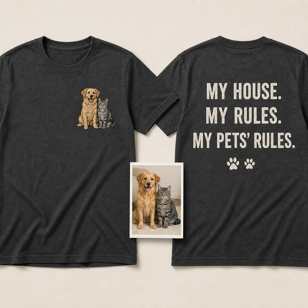 Custom Two Pets Embroidered T-Shirt with Funny Back Print - Pet Lover Gift front and back product overview image showing embroidery and custom printed phrase with custom left chest embroidery based on clear dog and cat photo or two pet photos