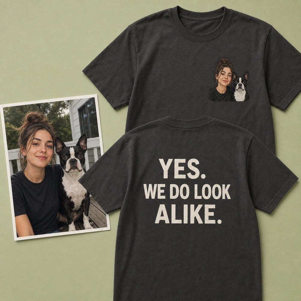Custom Pet and Owner Embroidered T-Shirt with Back Print - Pet Parent Gift front and back product overview image showing embroidery and custom printed phrase with custom left chest embroidery based on clear photo of a pet and its person together