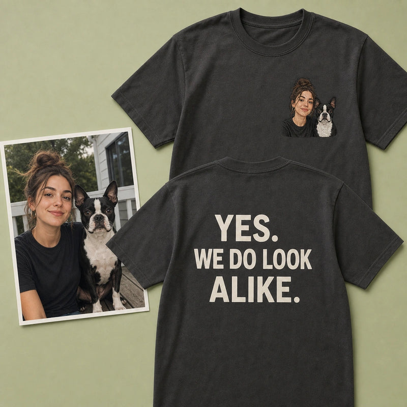 Custom Pet and Owner Embroidered T-Shirt with Back Print - Pet Parent Gift front and back product overview image showing embroidery and custom printed phrase with custom left chest embroidery based on clear photo of a pet and its person together