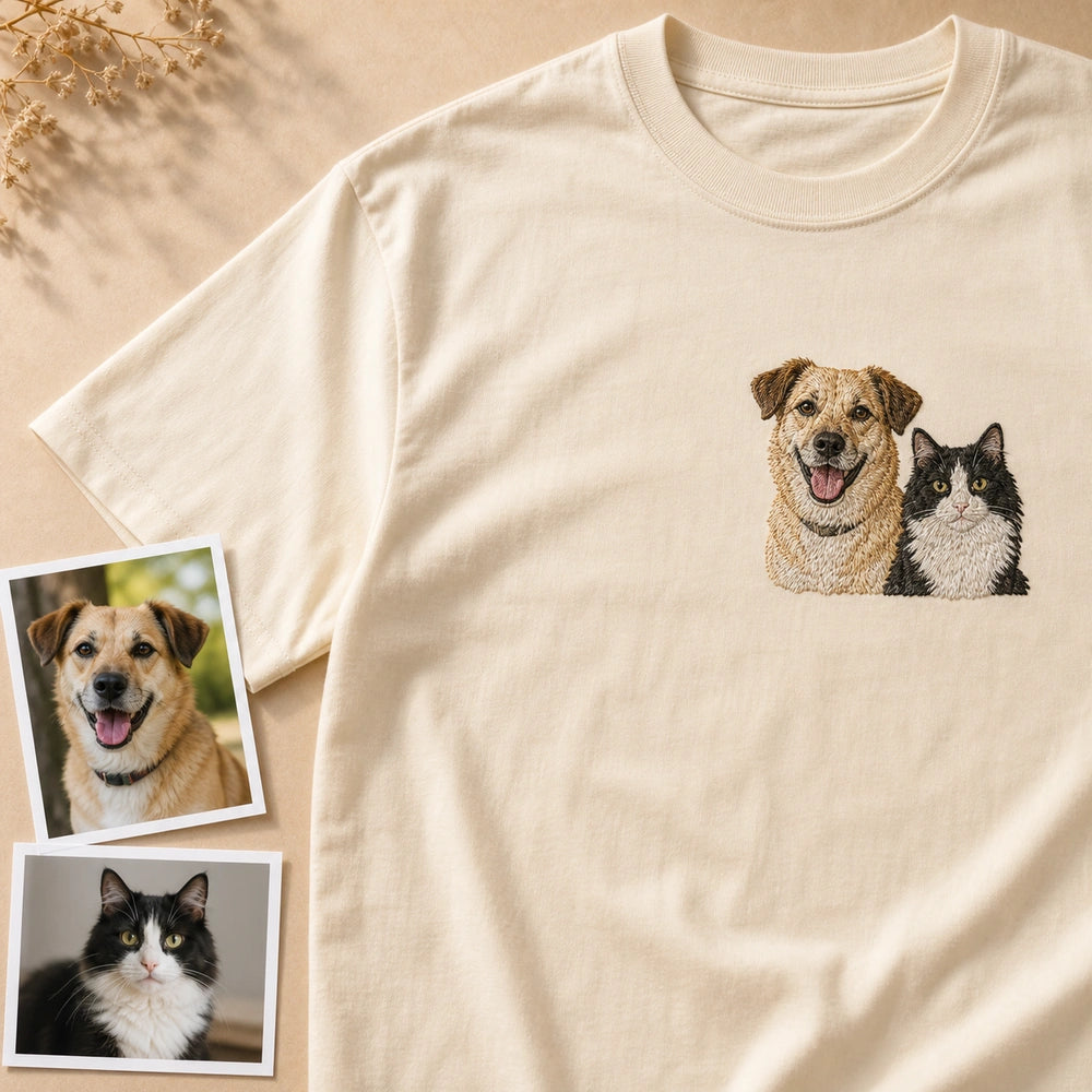 Custom Two Pets Embroidered T-Shirt with Funny Back Print - Pet Lover Gift source photo and front embroidery product image with custom left chest embroidery based on clear dog and cat photo or two pet photos