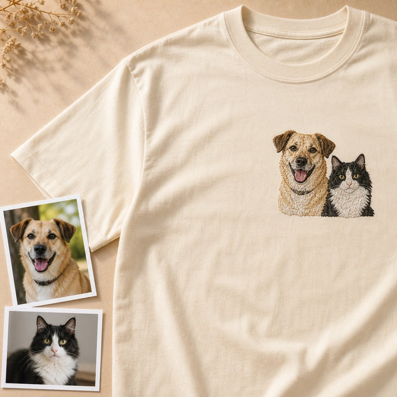 Custom Two Pets Embroidered T-Shirt with Funny Back Print - Pet Lover Gift source photo and front embroidery product image with custom left chest embroidery based on clear dog and cat photo or two pet photos
