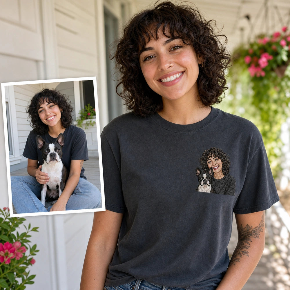 Custom Pet and Owner Embroidered T-Shirt with Back Print - Pet Parent Gift source photo and front embroidery product image with custom left chest embroidery based on clear photo of a pet and its person together