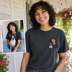 Custom Pet and Owner Embroidered T-Shirt with Back Print - Pet Parent Gift source photo and front embroidery product image with custom left chest embroidery based on clear photo of a pet and its person together