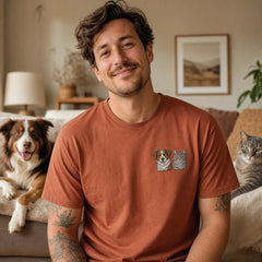 Custom Two Pets Embroidered T-Shirt with Funny Back Print - Pet Lover Gift front worn product image with left chest embroidery with custom left chest embroidery based on clear dog and cat photo or two pet photos