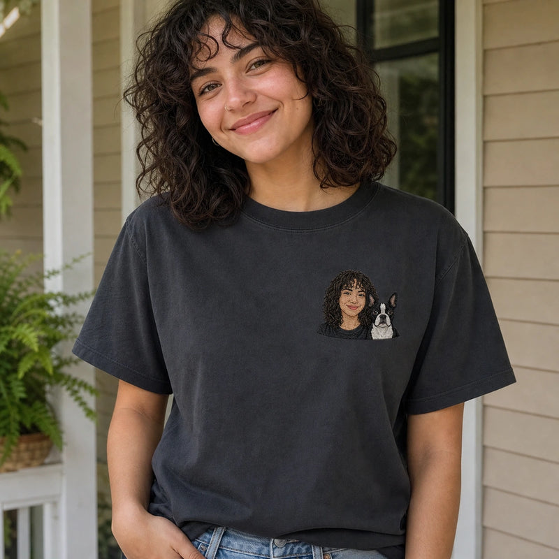 Custom Pet and Owner Embroidered T-Shirt with Back Print - Pet Parent Gift front worn product image with left chest embroidery with custom left chest embroidery based on clear photo of a pet and its person together