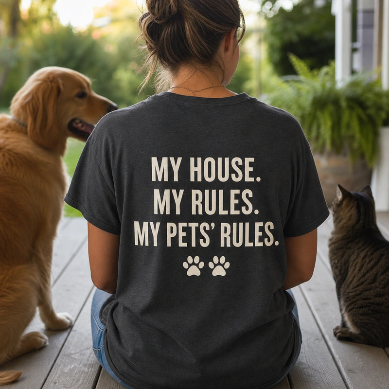 Custom Two Pets Embroidered T-Shirt with Funny Back Print - Pet Lover Gift back worn product image with custom printed phrase with custom left chest embroidery based on clear dog and cat photo or two pet photos